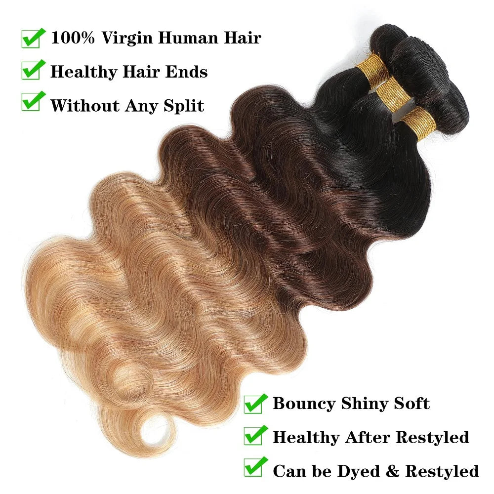 Ombre Human Hair Bundles With Closure Body Wave 100% Unprocessed Virgin Hair Brown Blonde Colored 3/4 Bundles With Closure