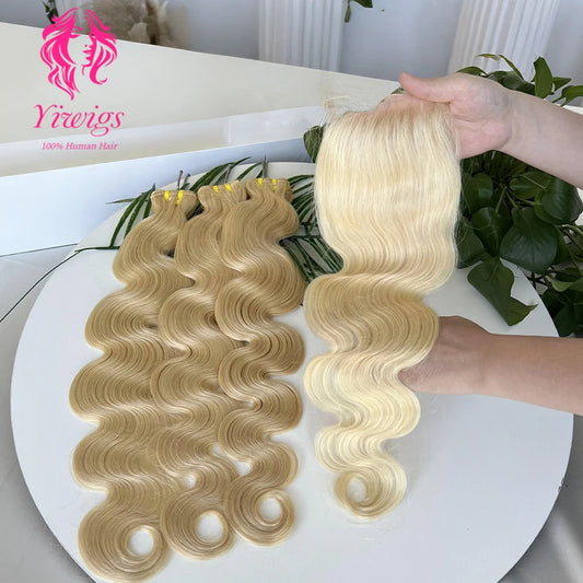 Yiwigs 12A Grade 613 Blonde Colored Body Wave 100% Human Hair Bundles With 4x4 Real HD Lace Closure Hair Weave Extensions Thick