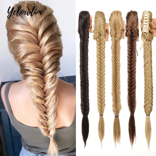 Synthetic Ponytail Extension Hairpiece Straight Claw Clip Fishbone Braid Ponytail For Women Heat Resistant Pony Tail Fake Hair