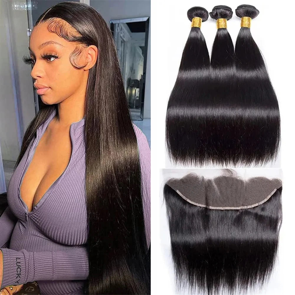 Straight Bundles with Frontal Brazilian 100% Virgin Human Hair 3 Bundles with 13x4 Lace Frontal Brown 4 Color Straight 3 Bundles