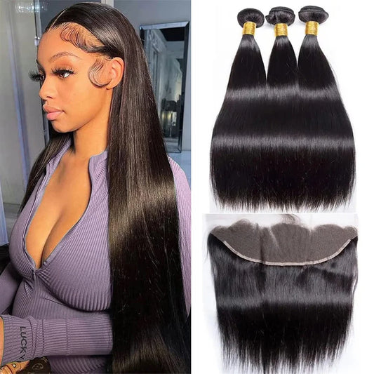 Straight Bundles with Frontal Brazilian 100% Virgin Human Hair 3 Bundles with 13x4 Lace Frontal Brown 4 Color Straight 3 Bundles