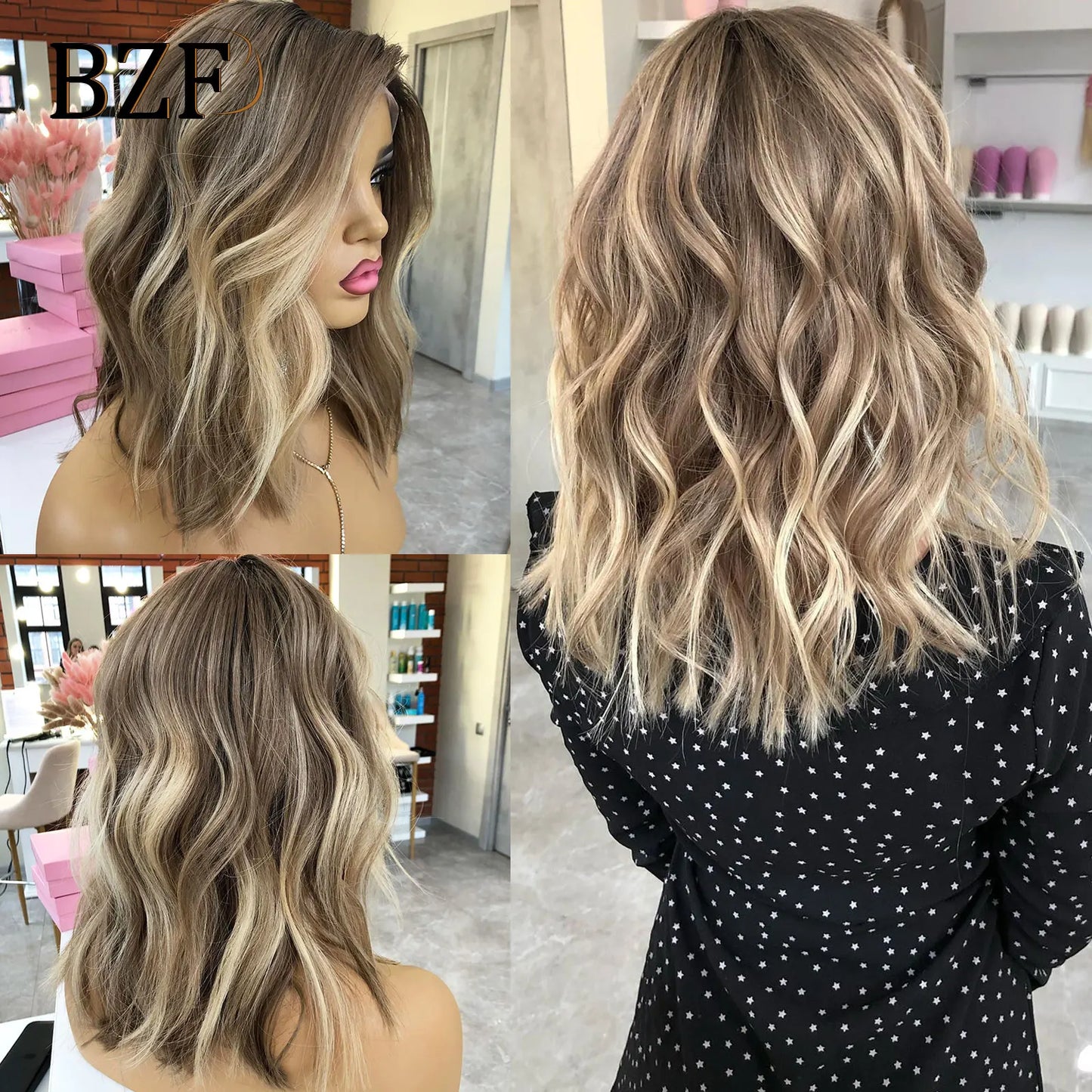 Brown Highlight Short Bob Wavy Synthetic Wigs For Women Daily Use Dark Brown Roots Ash Brown Wig Pre Plucked Curly Blonde Wig