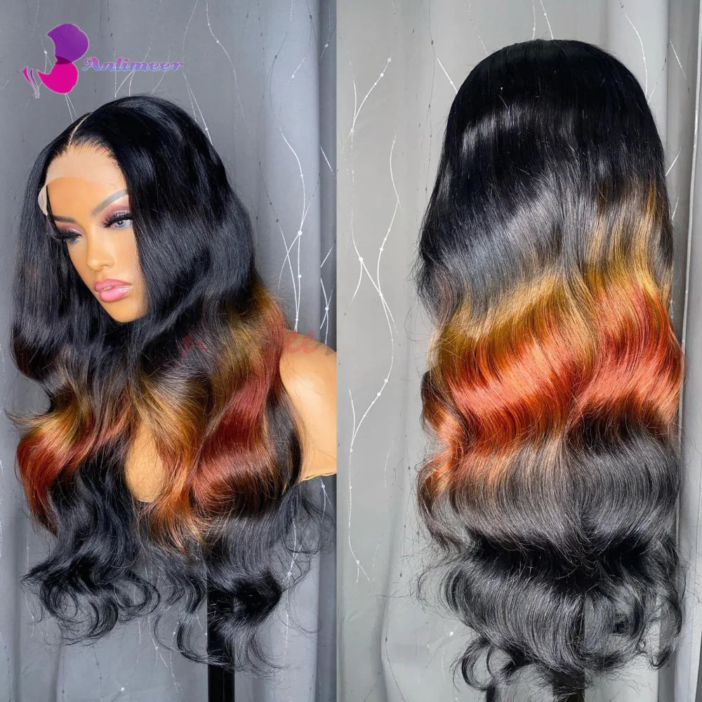 Jet Black Ombre Orange Ginger Mixed Colored Human Hair Long Wigs Body Wave Lace Front Wig Real Human Hair Wig for Black Women