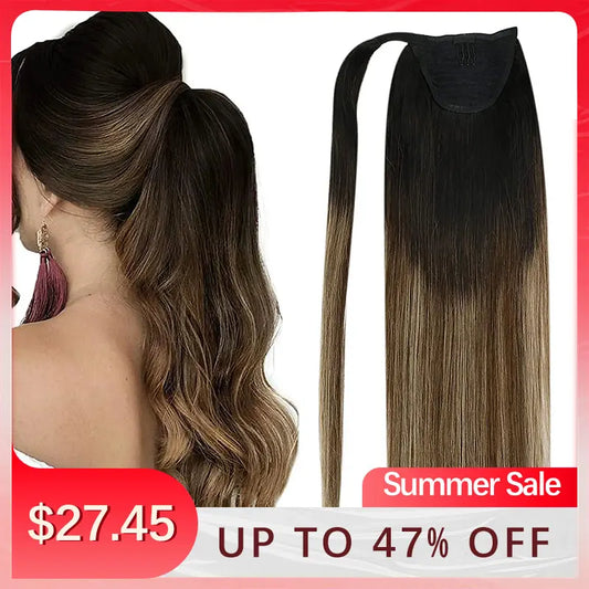 VeSunny Ponytail Human Hair Straight 80g Clip in Hair Extensions Human 14-22" Natural Hair Horse Tails No Claw Clip