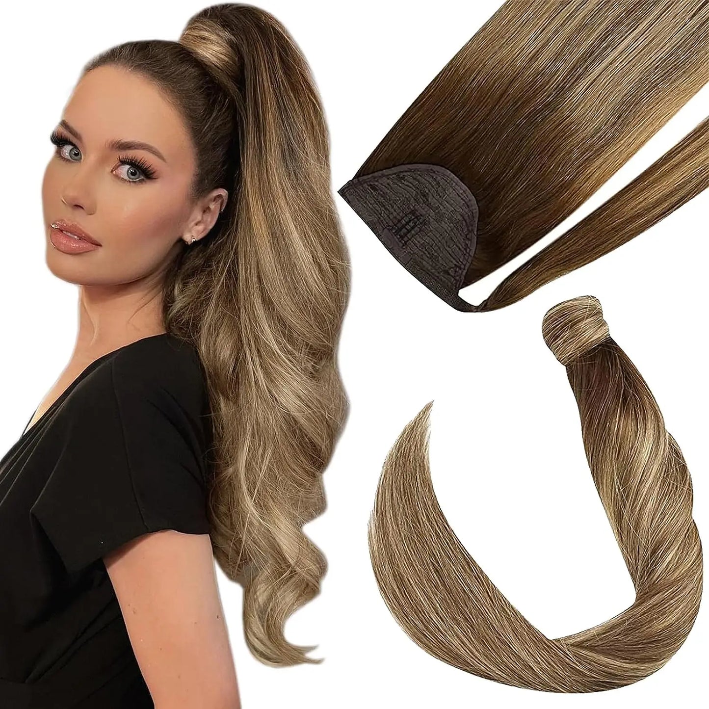 VeSunny Ponytail Human Hair Straight 80g Clip in Hair Extensions Human 14-22" Natural Hair Horse Tails No Claw Clip