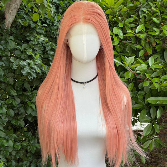 Pink Long Straight 13x4 Synthetic Lace Front Wig for Women Fashion Color Cosplay Glueless Half Hand Tied 150% Density Medium Cap