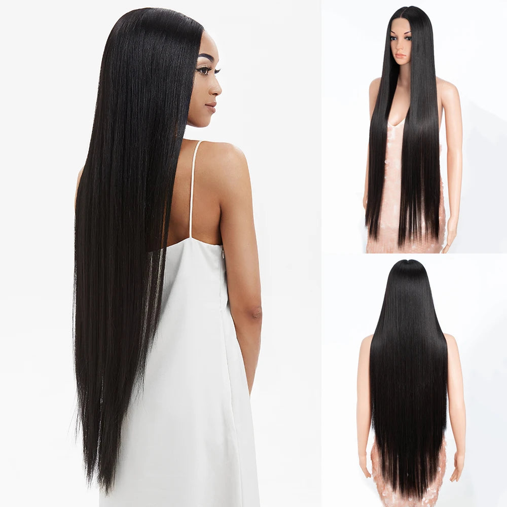 Synthetic Lace Front Wigs Highlight Brwon Blonde Black Wig For Women Long Straight  Lace WIg 38Inch Synthetic Heat Resistant Wig
