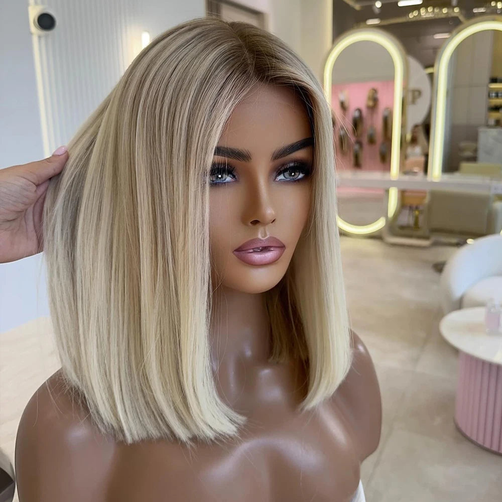 Moonlass Short Bob Cut Ash Blonde With Dark Root 100% Human Hair Wigs 220% Density Body Wave 13x4 Transparen Lace Front Wigs