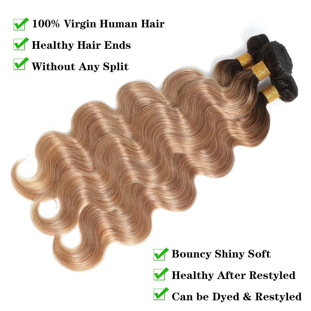 Ombre Human Hair Bundles With Closure Body Wave 100% Unprocessed Virgin Hair Brown Blonde Colored 3/4 Bundles With Closure