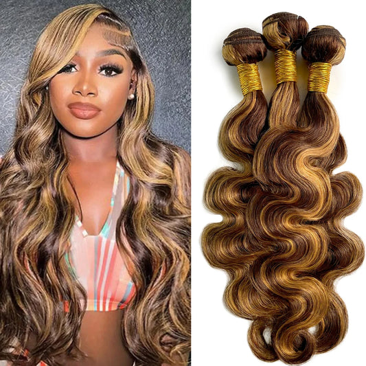 P4/27 Highlight Human Hair Bundles Body Wave Bundles Human Hair 18 20 22Inch Human Hair Body Wave Bundles Ombre Brown Bundles