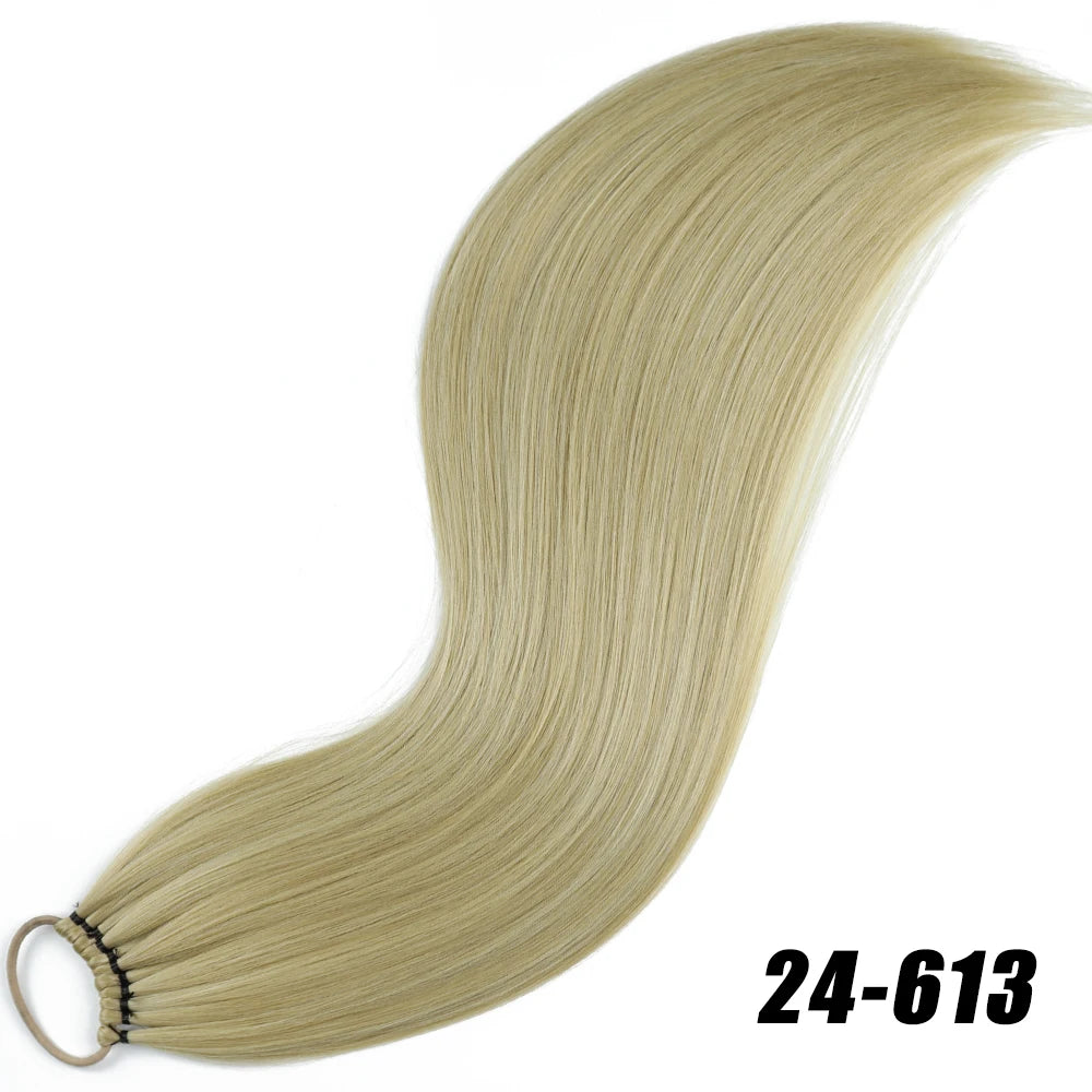 Synthetic 24Inch Ponytail Extensions Black Natural Braided Pony Tail Hairpiece Long Straight Rubber Band Hair For Women