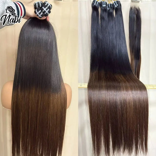 Nabi Natural Vietnamese Human Hair Bundles With 2X6 HD Lace Closure Middle Part 16A  Bone Straight for Weaving Wigs