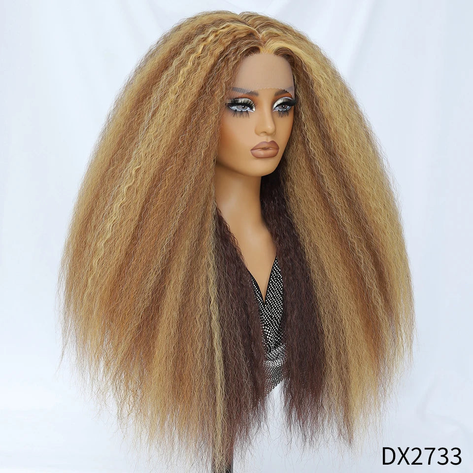 28 Inch Kinky Straight Lace Wigs Synthetic Black T Part Yaki Straight Lace Front Wigs For Women Brown Afro Wigs With Hair Line