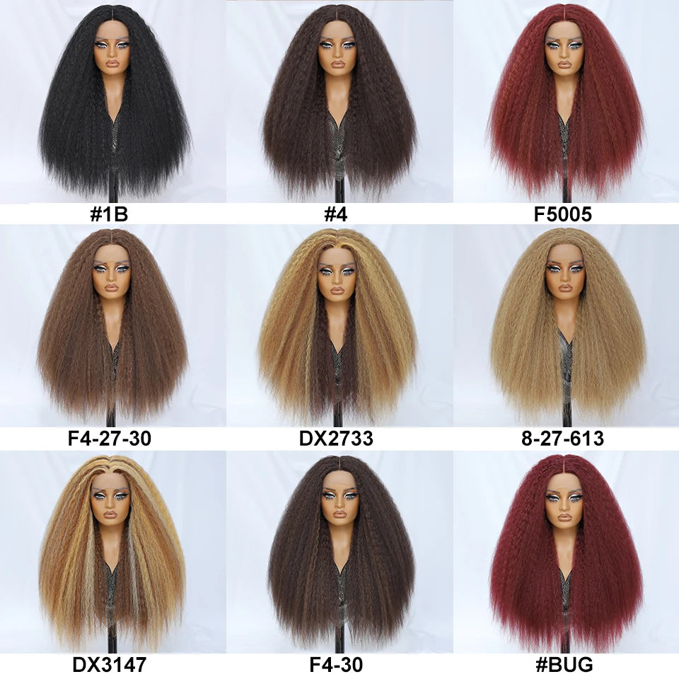 28 Inch Kinky Straight Lace Wigs Synthetic Black T Part Yaki Straight Lace Front Wigs For Women Brown Afro Wigs With Hair Line