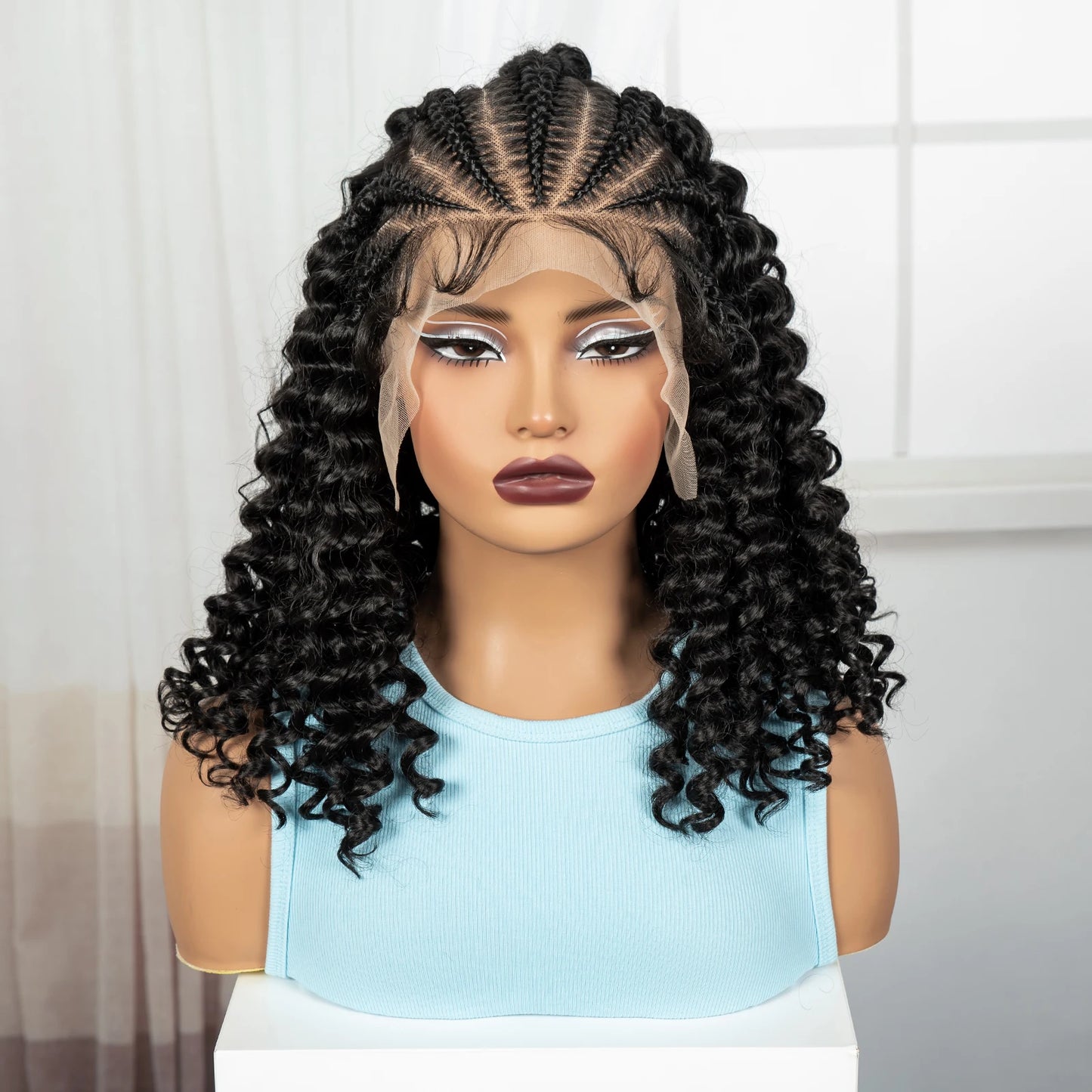 16inch 13x6 Lace Frontal Curly Hair Bob Wigs with Cornrow Braids Synthetic Deep Wave Brazilian Remy Hair Wigs for Black Women