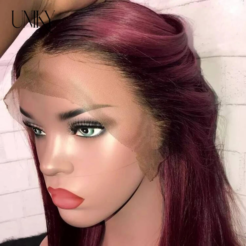 T1B/99j Burgundy Red Straight Bob T Part Lace Front Human Hair Wig For Women Colored Brazilian Remy Hair Natural Wig