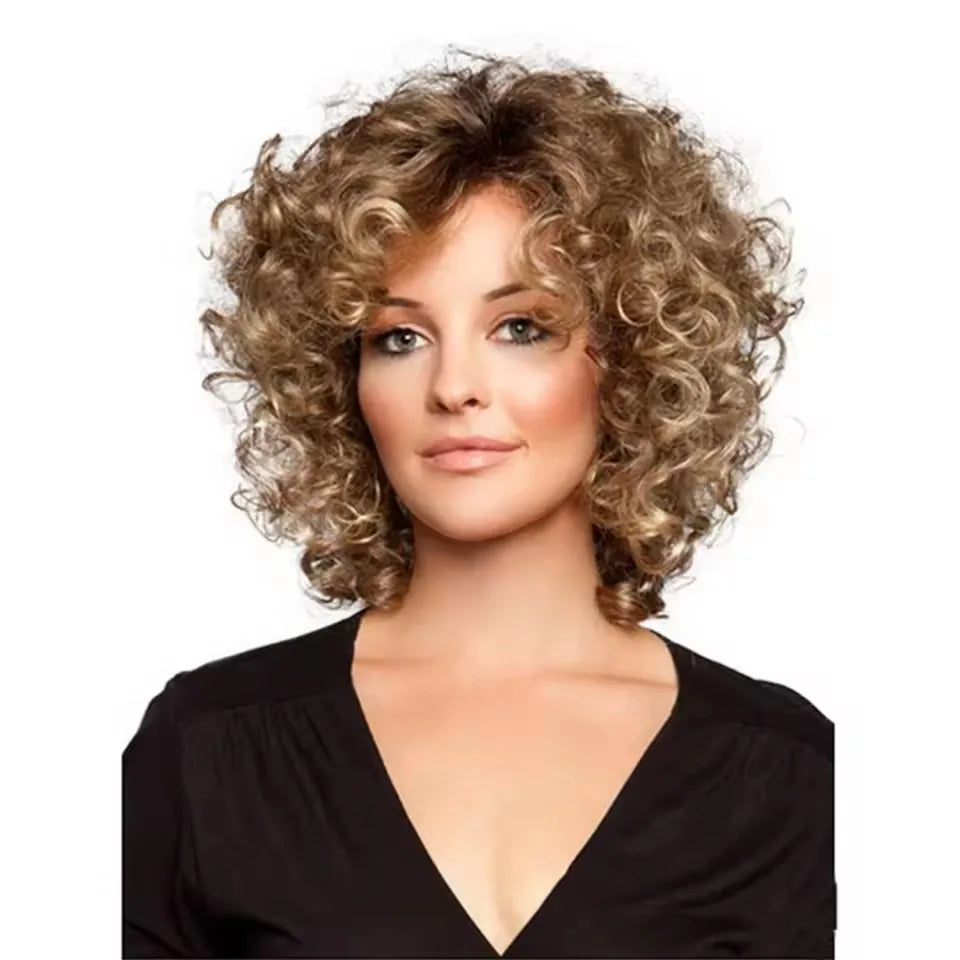 SuQ Classic Curly Wig Hair Synthetic Natural For Women Cosplay Brown WIth Blonde Heat Resistant Daily Wigs
