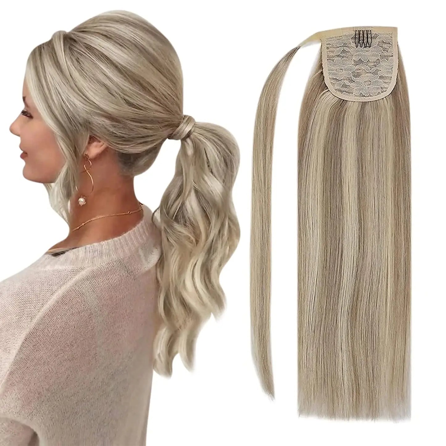 VeSunny Ponytail Human Hair Straight 80g Clip in Hair Extensions Human 14-22" Natural Hair Horse Tails No Claw Clip