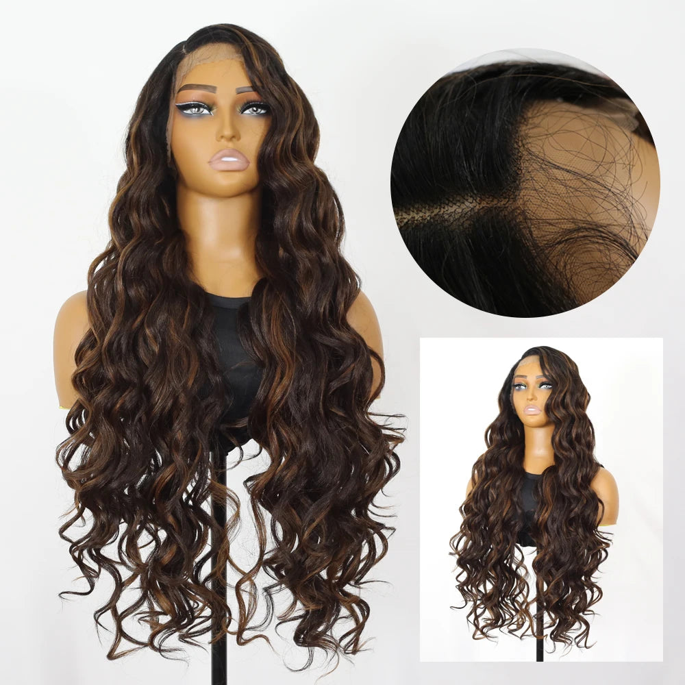 Ombre Highlight Wave Wig for Women Synthetic T-Part Lace Frontal Red Lace 13x5 Black Cosplay Daily Use Hair