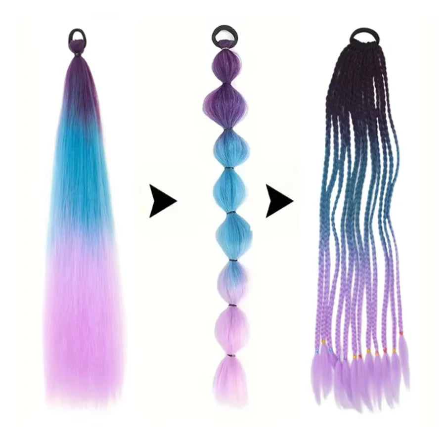 2PCS 26Inch Synthetic Long Straight Ponytail with Elastic Hair Colorful Braiding Hair Ponytail Hair Extensions Hair Accessories