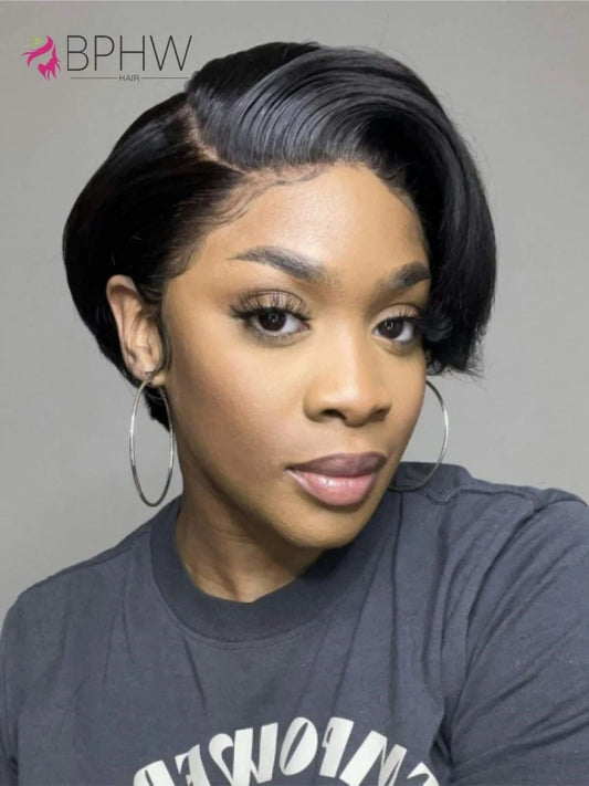 200% Pixie Cut Short Bob Wig Bone Straight Brazilian Hair Pixie Cut Wig Side Part 13x4 Hd Transparent Lace Front Human Hair Wigs
