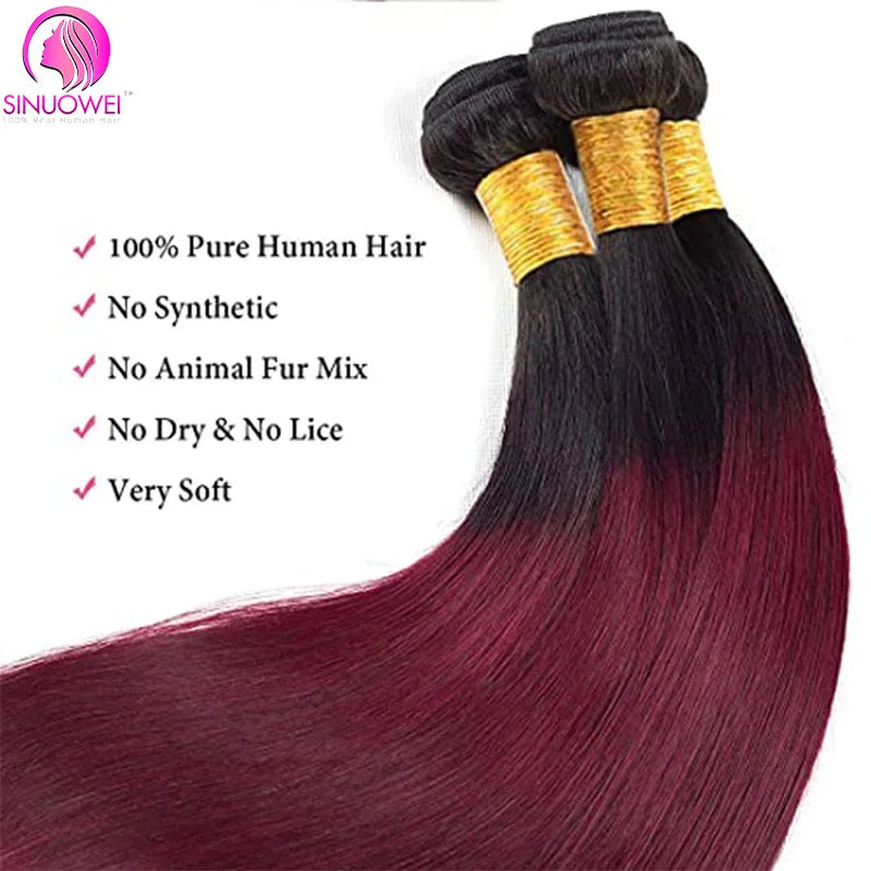 1B99J Ombre Straight Bundles With 13x4 Lace Frontal Human Hair 3/4 Bundles With Red Burgundy Straight Virgin Hair Closure