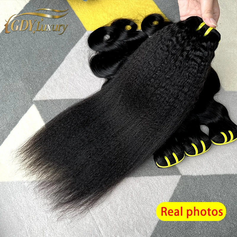 Raw Kinky Straight Hair Bundles 100% Human Hair Weave Bundles 1/2/3 Yaki Bundles Brazilian Raw Human Hair Extensions Thick End