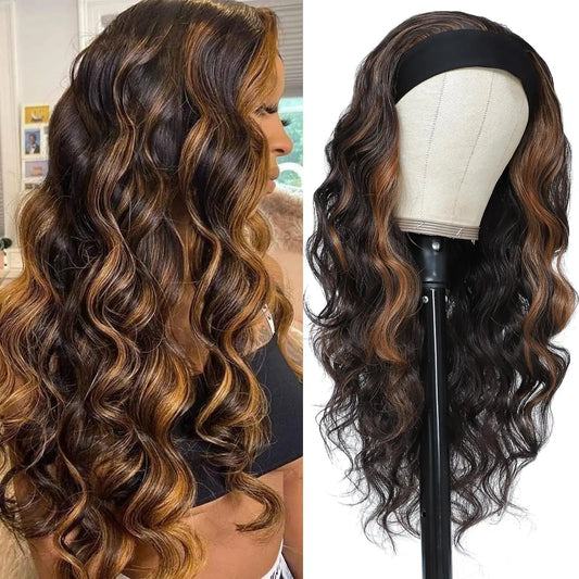 Long Synthetic Wavy Headband Wig for Women Black Wigs with Brown Blonde Highlight 200% Denisty Headband Wigs Glueless Wig Daily