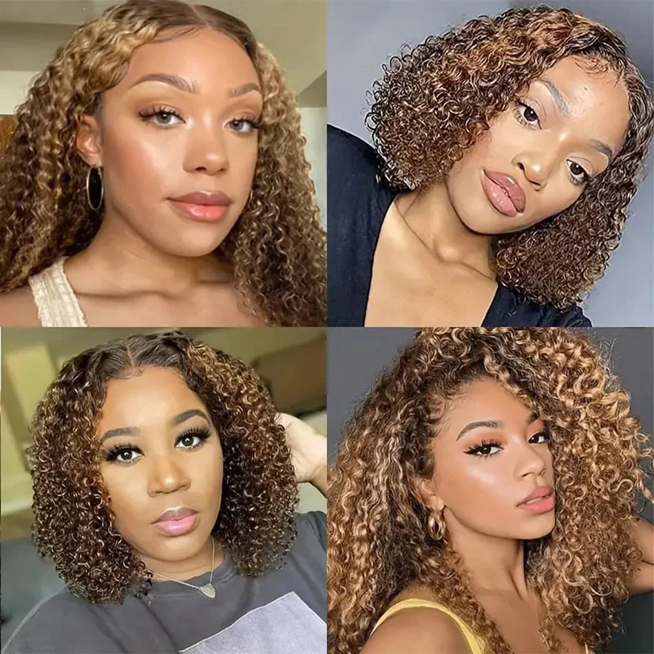 4/27 Highlight Curly Wigs Short Bob Wig Human Hair Brazilian Water Wave Ombre Blonde Color 13x4 Full Lace Frontal Wig For Women