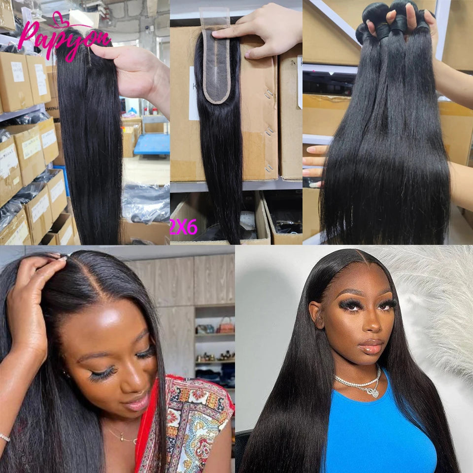 Straight Human Hair Bundles with 2x6 Middle Part Lace Closure 12A Brazilian Raw Hair Weaving Extensions Bundles And Closures