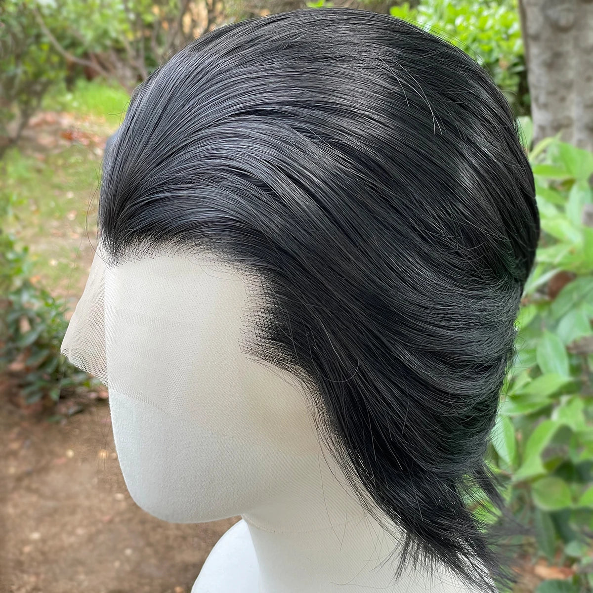 Widow‘s Peak Jet Black Synthetic Wigs for Men 13x4 Lace Front Wigs Short Bob Cut Cosplay Wigs for Women 150% Density Glueless
