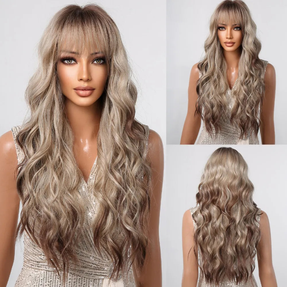28 Inch Long Curly Wig With Bangs Ombre Brown Hair Wigs For Women Highlight Blonde Synthetic Wigs For Daily Party Heat Resistant