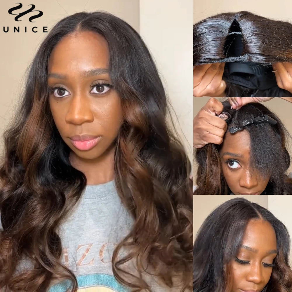Unice Hair Chestnut Brown Ombre Body Wave V Part Wig With Drawstring Human Hair Glueless Wig Minimal Leave Out Beginner Friendly
