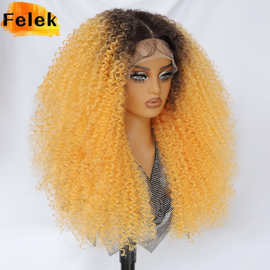 Long Afro Kinky Curly Synthetic Wig 24 Inch Jerry Curl Deep Part Lace Front Wigs For Female Ombre Blue Copper 613 Highlight Wigs