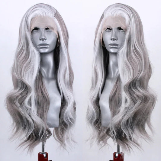Long Highlight Grey Wigs for Women White Synthetic Lace Wig Body Wave Lace Front Wig Natural Hairline Cosplay Party Wear Wigs