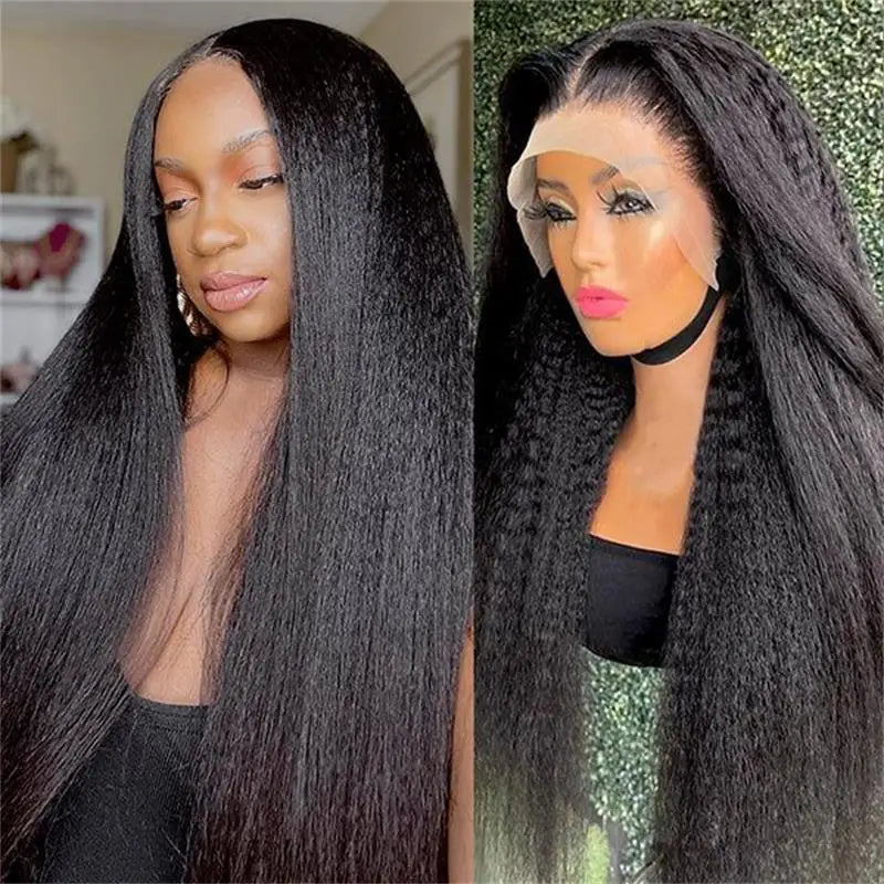 Kinky Straight Human Hair Wig 13X4 Kinky Straight Wig Human Hair  PrePlucked With Baby Hair Yaki Straight Lace Front Wigs