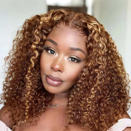 4/27 Highlight Curly Wigs Short Bob Wig Human Hair Brazilian Water Wave Ombre Blonde Color 13x4 Full Lace Frontal Wig For Women