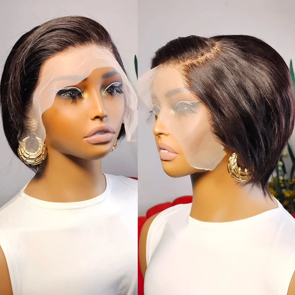 Ombre #1B Brown Short Pixie Cut Wigs For Women Human Hair 200% Straight Chocolate brown Lace Front Bob Wig Brazilian Remy Hair
