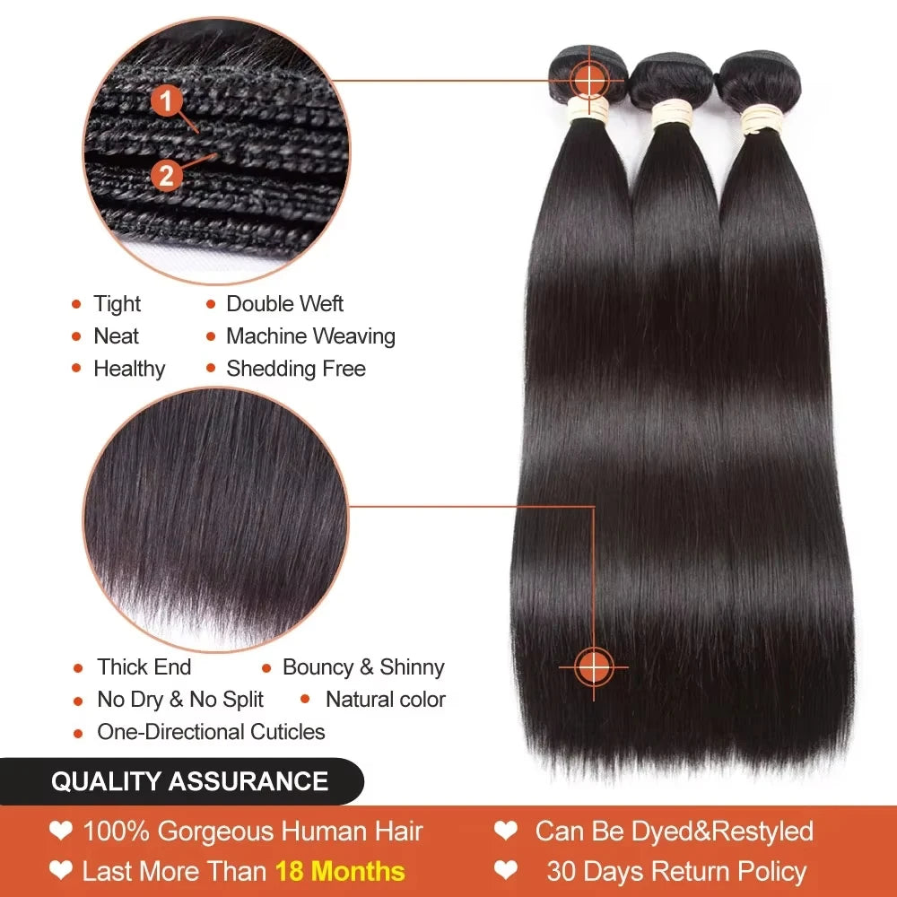 Straight Bundles With Closure Human Hair 10-30 Inch 100% Brazilian Extensions Natural Black Raw Hair With Hd Glueless Closure