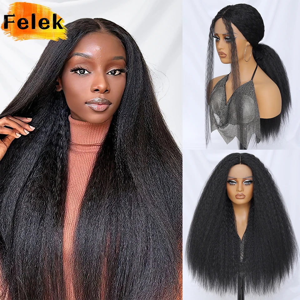 28 Inch Kinky Straight Lace Wigs Synthetic Black T Part Yaki Straight Lace Front Wigs For Women Brown Afro Wigs With Hair Line