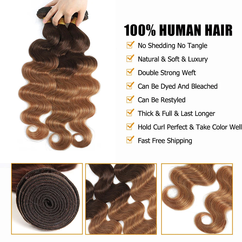 Ombre Human Hair Bundles With Closure Body Wave 100% Unprocessed Virgin Hair Brown Blonde Colored 3/4 Bundles With Closure