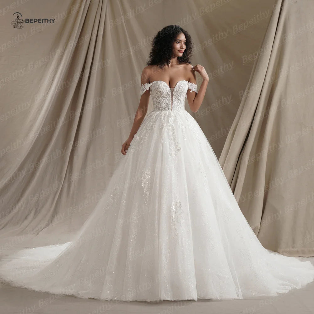 BEPEITHY Customized Sweetheart Glitter Princess Wedding Dresses For Women 2024 Off Shoulder Ivory Bride Sleeveless Bridal Gown