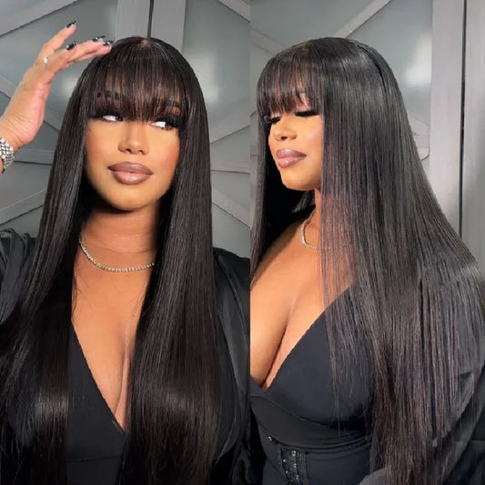 Long Straight Wigs With Bangs Human Hair Fringe 360 Full Lace Front Wig Brazilian Raw Vietnamese Hair Gluless HD Frontal Wigs