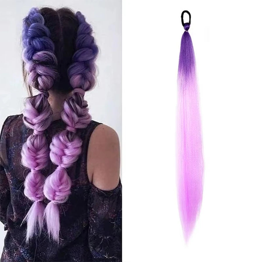 2PCS 26Inch Synthetic Long Straight Ponytail with Elastic Hair Colorful Braiding Hair Ponytail Hair Extensions Hair Accessories