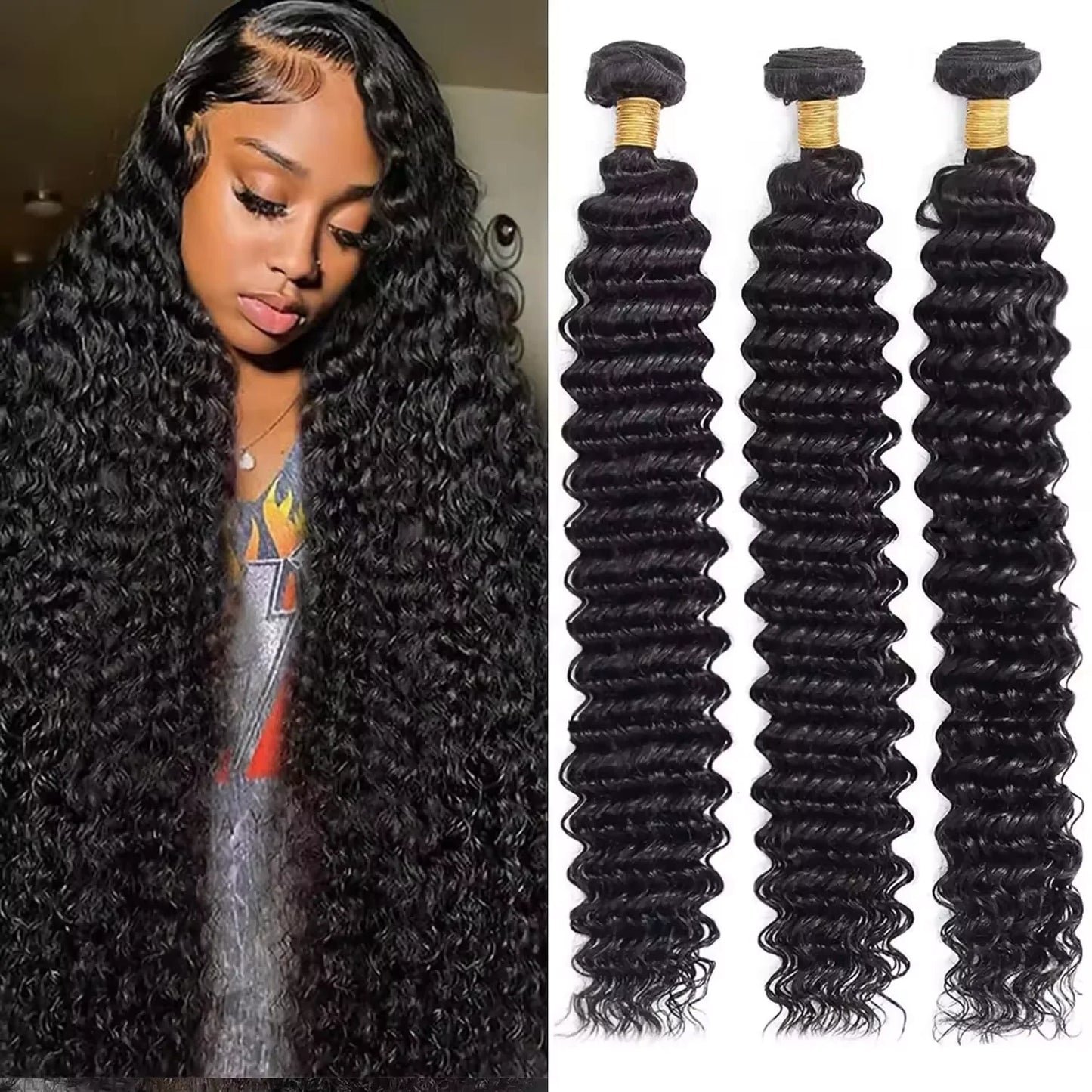 PD 30 32 36 40 Inch Deep Wave Human Hair Bundles Brazilian Remy Unprocessed Weaving Curly Hair Bundles Weave Extensions Deals