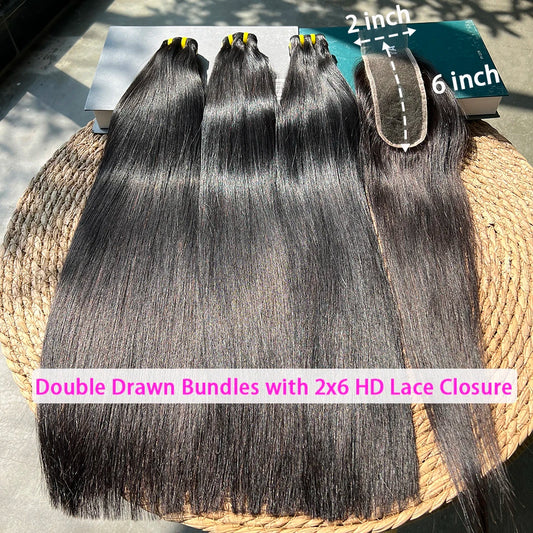 Bone Straight Double Drawn Human Hair Bundles With 2x6 HD Lace Closure Preplucked #1B Raw Virgin Human Hair Weaving Extensions