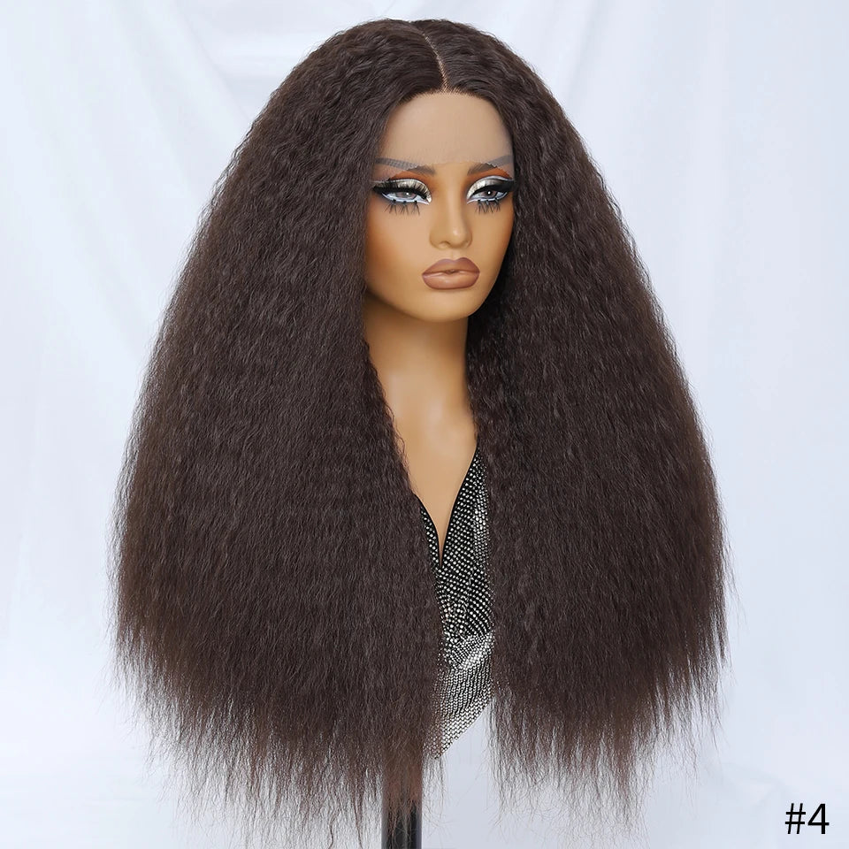 28 Inch Kinky Straight Lace Wigs Synthetic Black T Part Yaki Straight Lace Front Wigs For Women Brown Afro Wigs With Hair Line