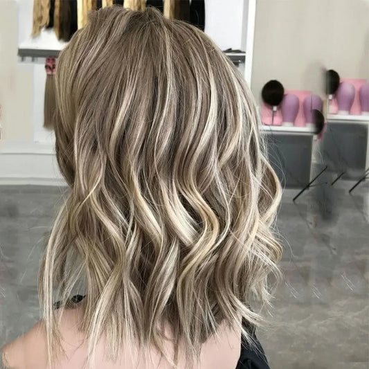 Brown Highlight Short Bob Wavy Synthetic Wigs For Women Daily Use Dark Brown Roots Ash Brown Wig Pre Plucked Curly Blonde Wig