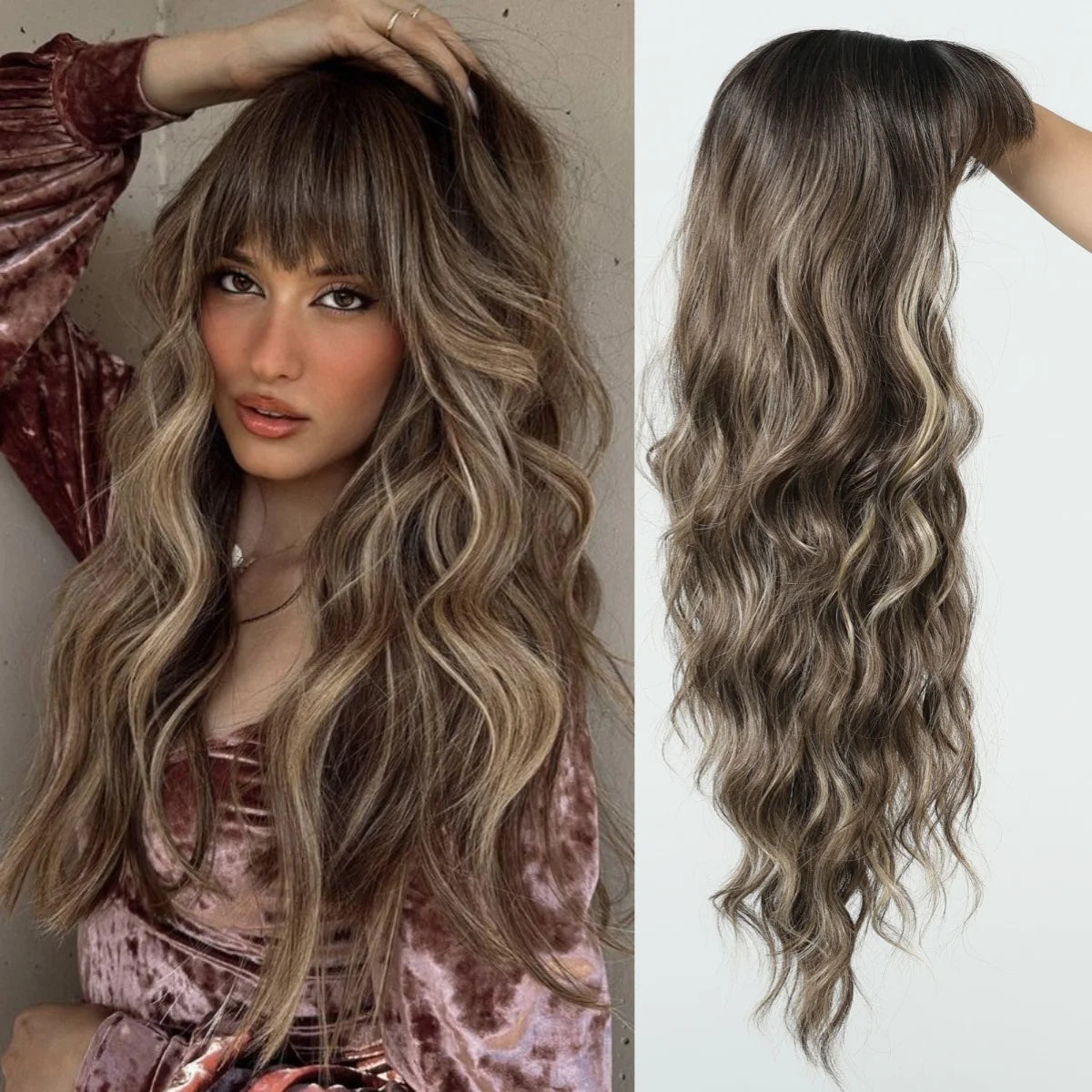 28 Inch Long Curly Wig With Bangs Ombre Brown Hair Wigs For Women Highlight Blonde Synthetic Wigs For Daily Party Heat Resistant