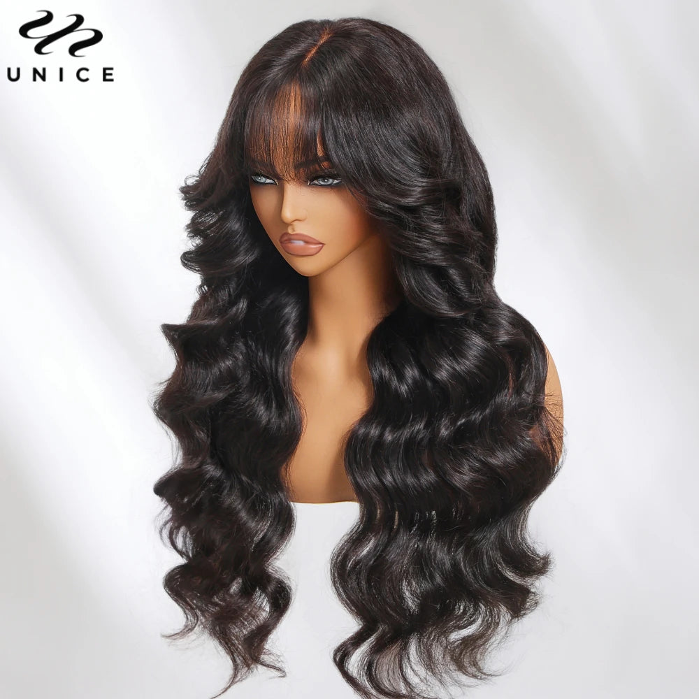 Unice Hair Pre Cut Pre Bleached 7x5 Loose Wave Wig With Bangs Wear Go Glueless Wig Pre Plucked Lace Front Human Hair Wig